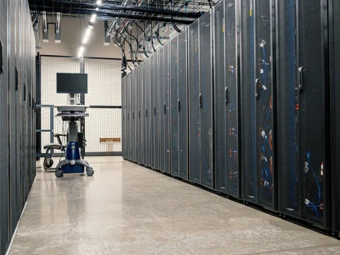 Server room with rows of network racks